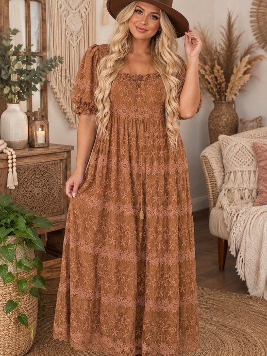 Ivy City Co Dresses & Skirts - Ivy City Co Brown Lace Tiered Maxi Dress